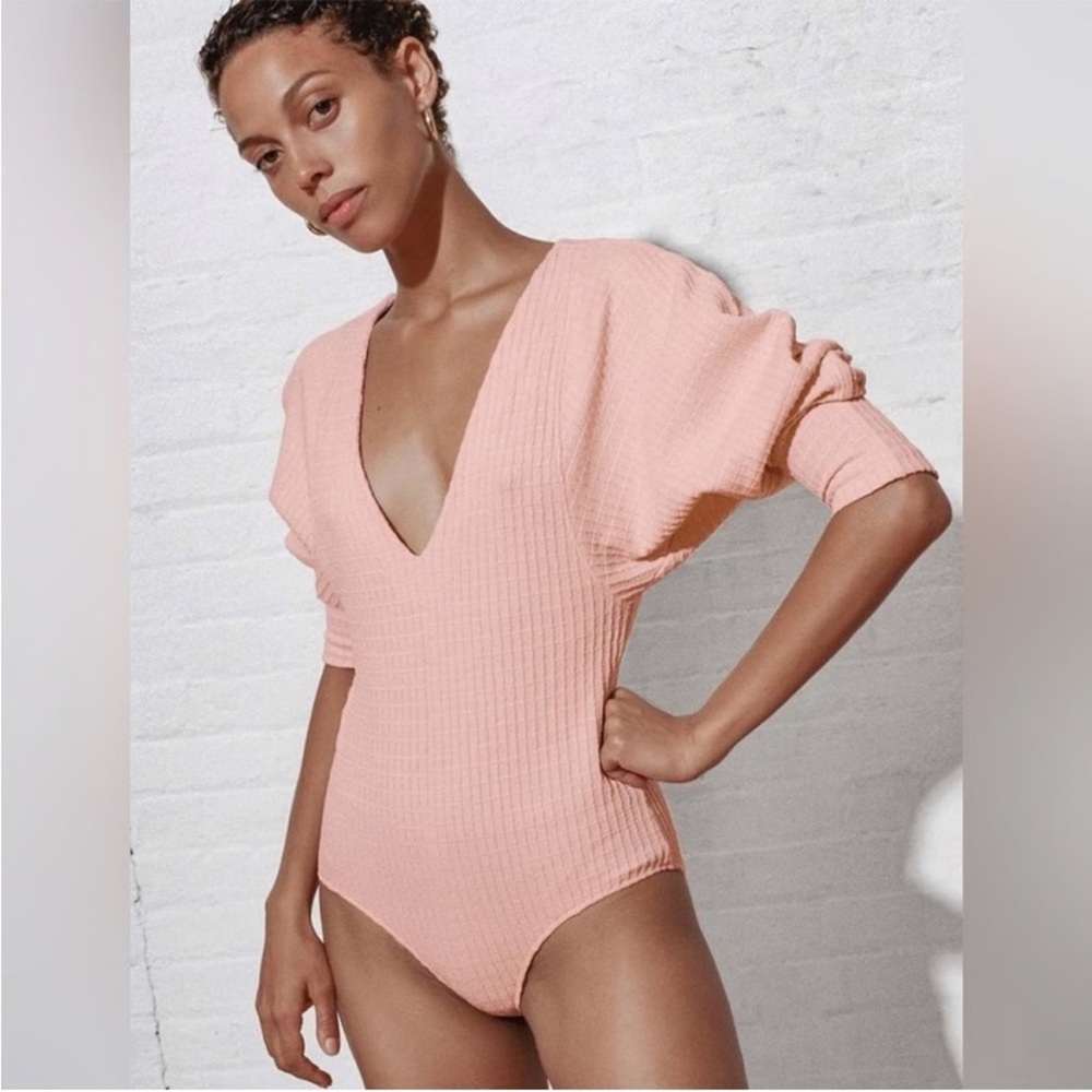 Mara Hoffman Peach Ribbed V-Neck Bodysuit